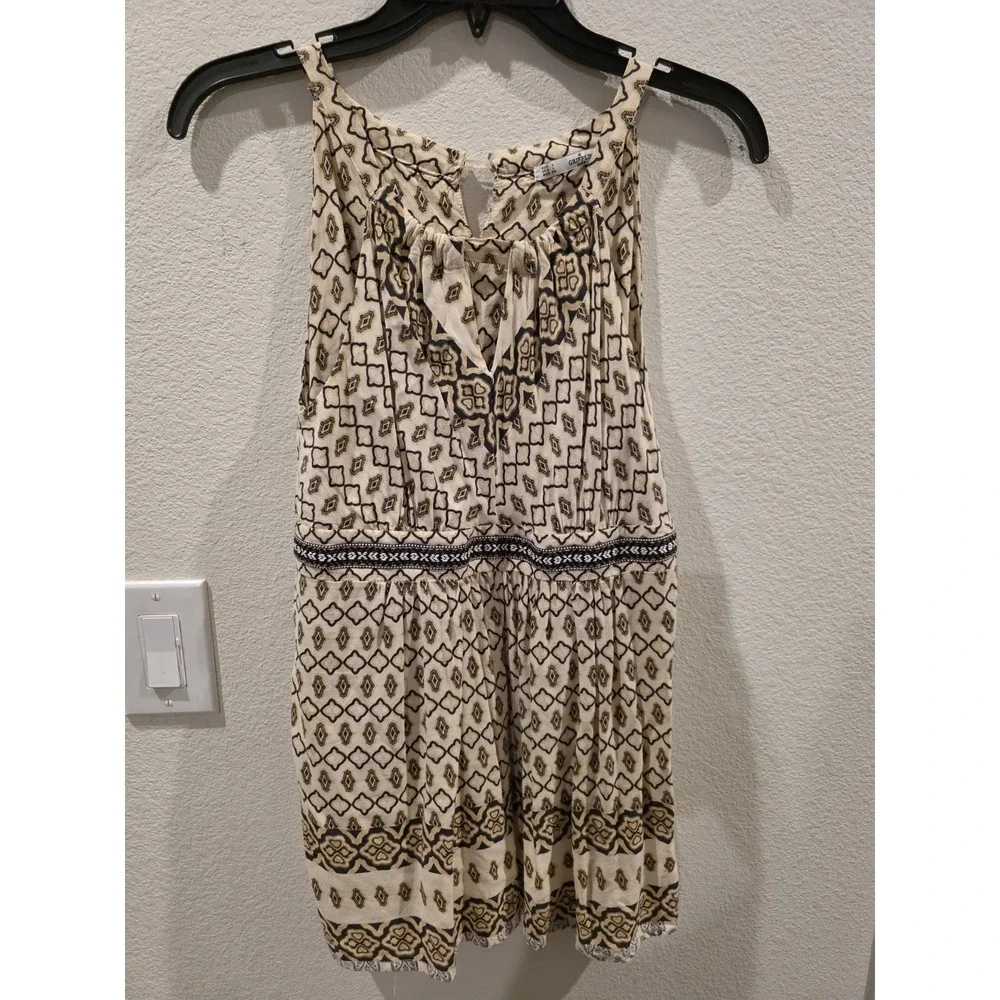 Grifflin Paris‎ Womens Boho Geometric Print Sleeveless Tunic Top Tan Cream Large
